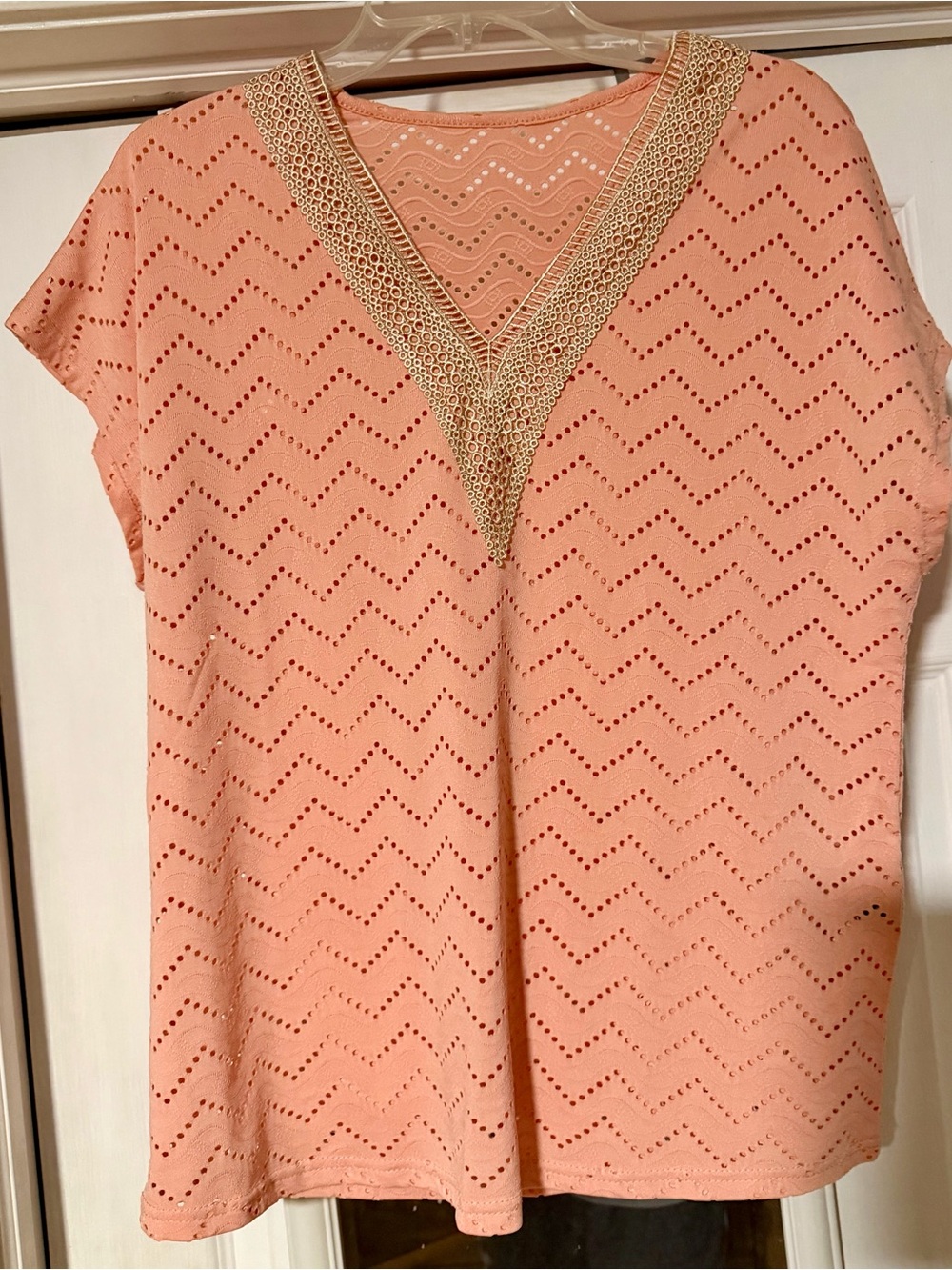 Women’s Peach Eyelet V-Neck Top with Crochet Trim